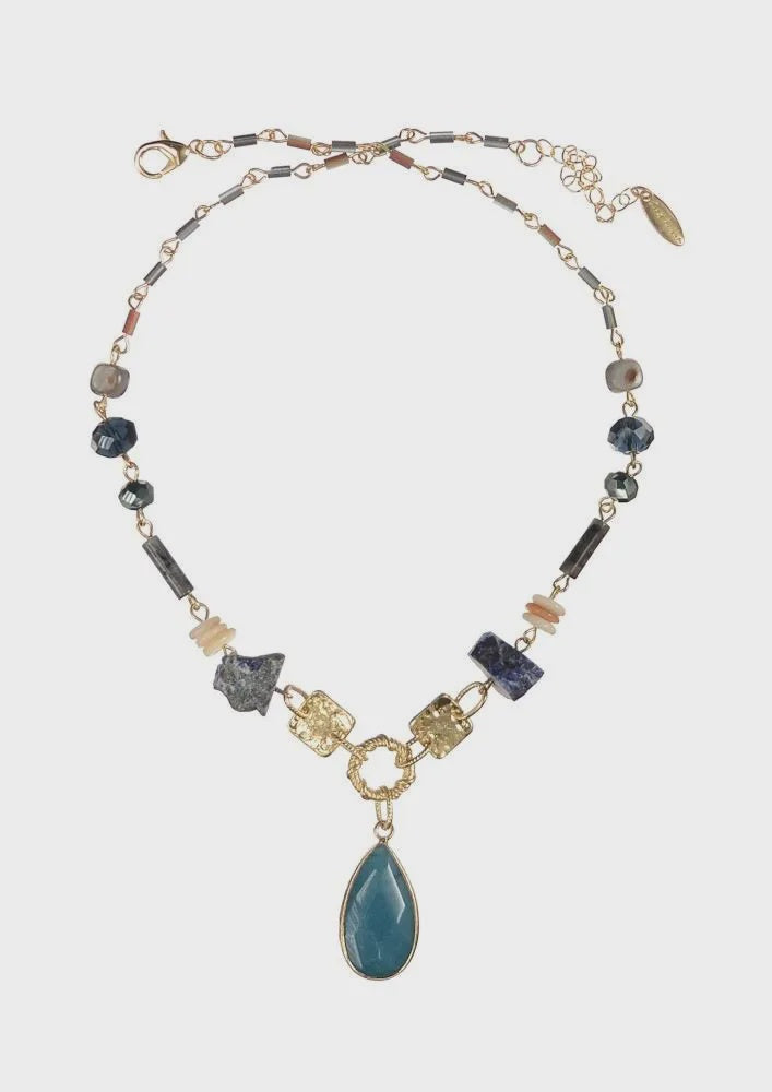 Foil & Stone Teardrop Necklace Blue Gold