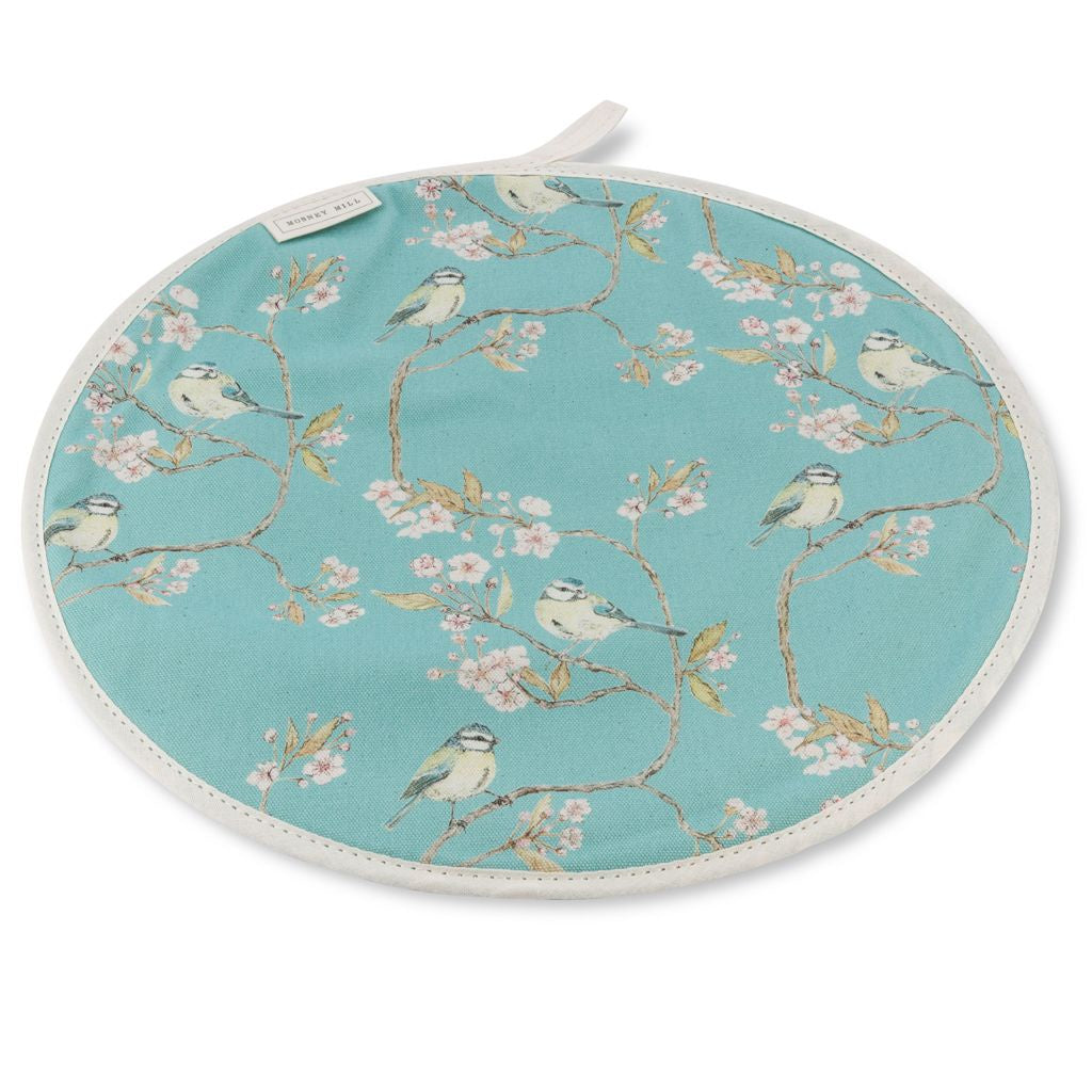 Blue Tit on Blossom Hob Cover Ditsy Print Turquoise